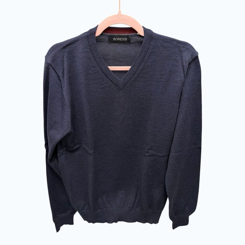 Boressi 100% Merino Wool V-Neck Sweater Mens M Navy Burgundy Marled Knit